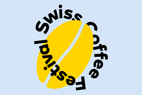 Logo des Swiss Coffee Festival: eine gelbe Kaffeebohne, umrahmt vom Schriftzug Swiss Coffee Festival, auf hellblauem Grund