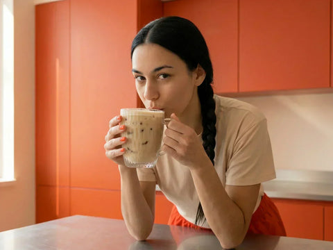 Der frisch zubereitete Café Frappé mit Espresso und perfektem Schaum wird von der Beanwatch Barista getrunken
