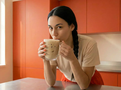 Der frisch zubereitete Café Frappé mit Espresso und perfektem Schaum wird von der Beanwatch Barista getrunken