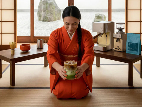 Julia reicht mit einer japanischen Verbeugungsgeste den fertigen Dirty Matcha Latte — drei Schichten sichtbar im Glas, Tatami-Raum mit Zuriga-Geräten im Hintergrund.