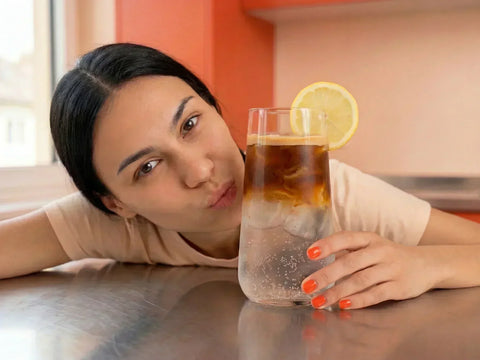 Beanwatch-Barista Julia performt neben einem fertig geschichteten Espresso Tonic mit Zitronenscheibe im Glas auf der Edelstahl-Arbeitsfläche einer rotorangen Küche.