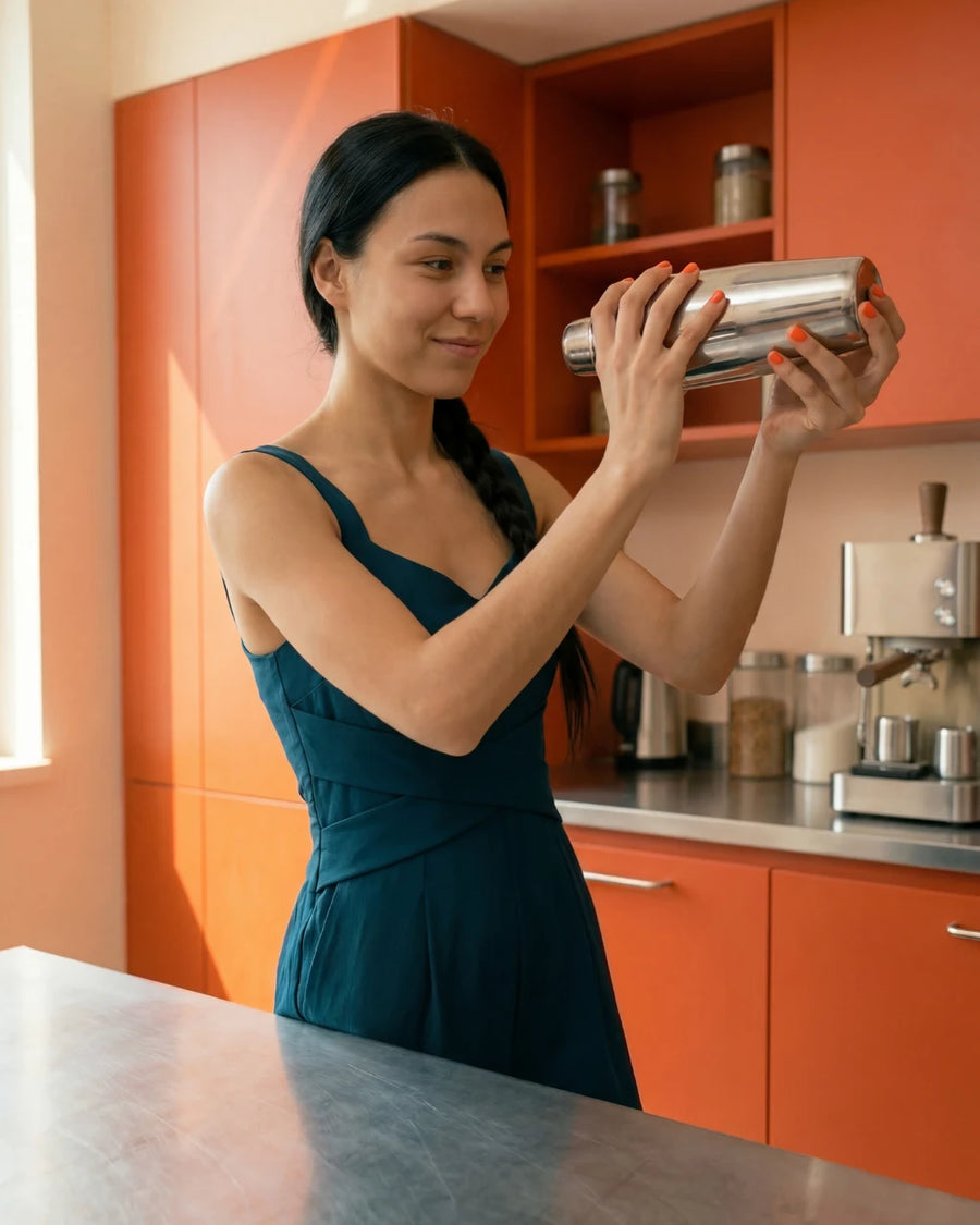 Julia, die Beanwatch Barista, shakt in der rot-orangen Beanwatch-Küche den Espresso mit einem Edelstahl-Cocktailshaker – Schritt zwei des Freddo Cappuccino.Julia, die Beanwatch Barista, shakt in der rot-orangen Beanwatch-Küche den Espresso mit einem Edelstahl-Cocktailshaker – Schritt zwei des Freddo Cappuccino.