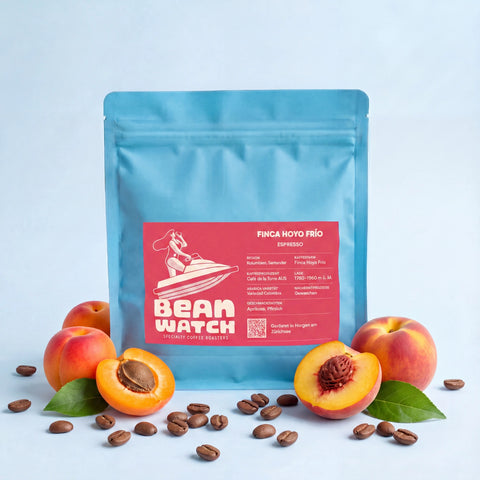 Ein Beutel unseres Finca Hoyo Frío Espresso vor blauem Studiohintergrund mit Pfirsich- und Aprikosenfrüchten sowie einzelne, hell geröstete Kaffeebohnen.