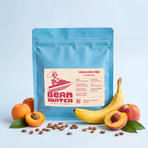 Ein Beutel unseres Finca Hoyo Frío Filterkaffee vor blauem Studiohintergrund mit Pfirsich- und Aprikosenfrüchten sowie einzelne, hell geröstete Kaffeebohnen.
