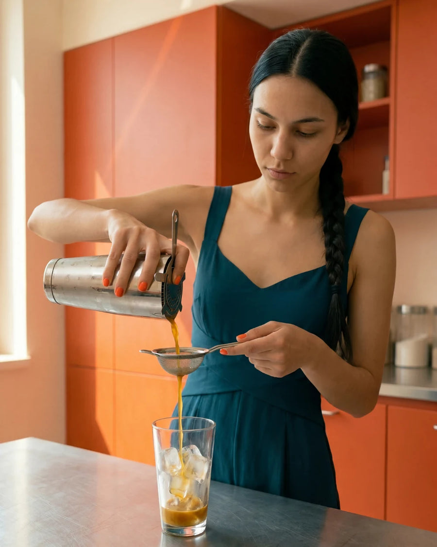 Julia seiht den geshakten Espresso durch ein feines Sieb in ein eisgefülltes Glas – Schritt drei des Freddo Cappuccino.