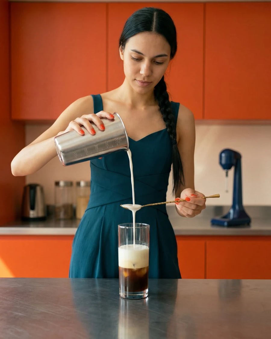 Julia gießt kalten Milchschaum aus dem Spindelmixer-Becher über einen goldenen Barlöffel in das Freddo-Cappuccino-Glas mit Espresso und…Julia, die Beanwatch Barista, gießt kalten Milchschaum aus dem Spindelmixer-Becher über einen goldenen Barlöffel in das Freddo-Cappuccino-Glas mit Espresso und Eiswürfeln – Schritt vier des Freddo Cappuccino.