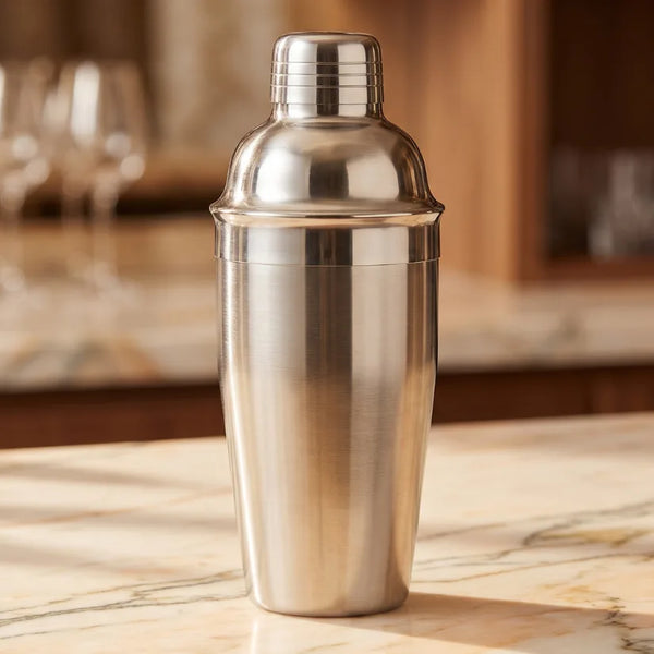 Hochwertiger Edelstahl-Cocktail-Shaker mit polierter Metalloberfläche auf heller Marmorarbeitsfläche