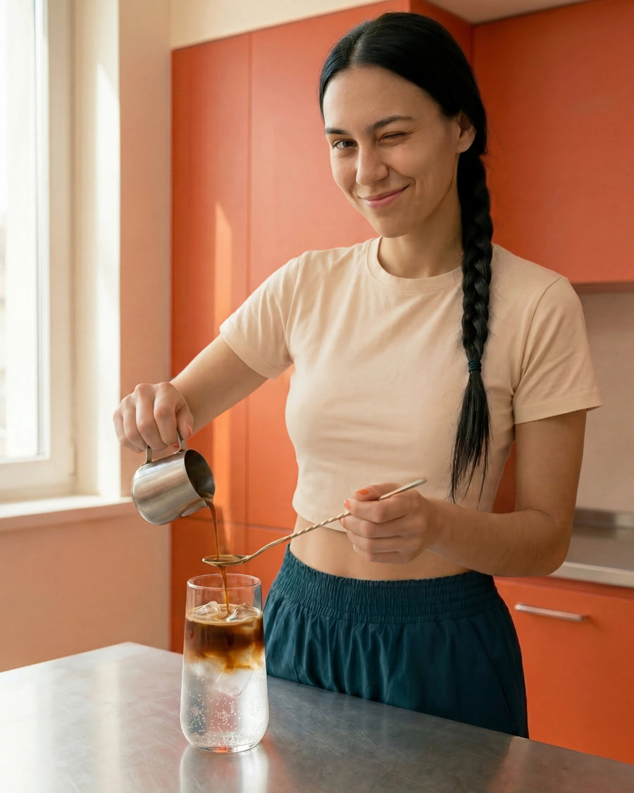 Julia giesst den Espresso über einen goldenen Barlöffel in das Glas mit Tonic und Eis und schichtet so den Espresso Tonic.
