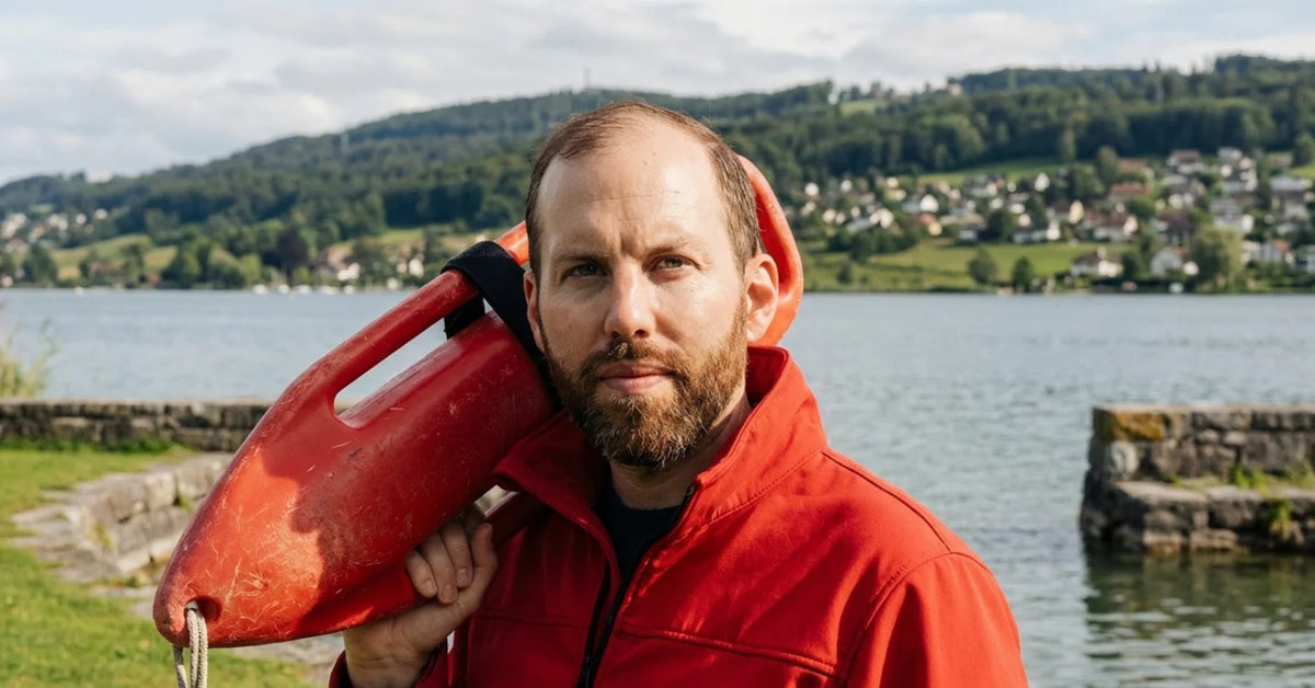 Joscha Gewinner am Zürichsee posiert mit einem Rescue Torpedo