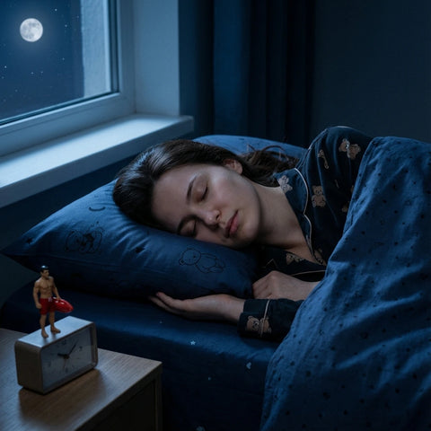 Eine schlafende Frau bei Vollmund und Rettungsschwimmer-Wecker